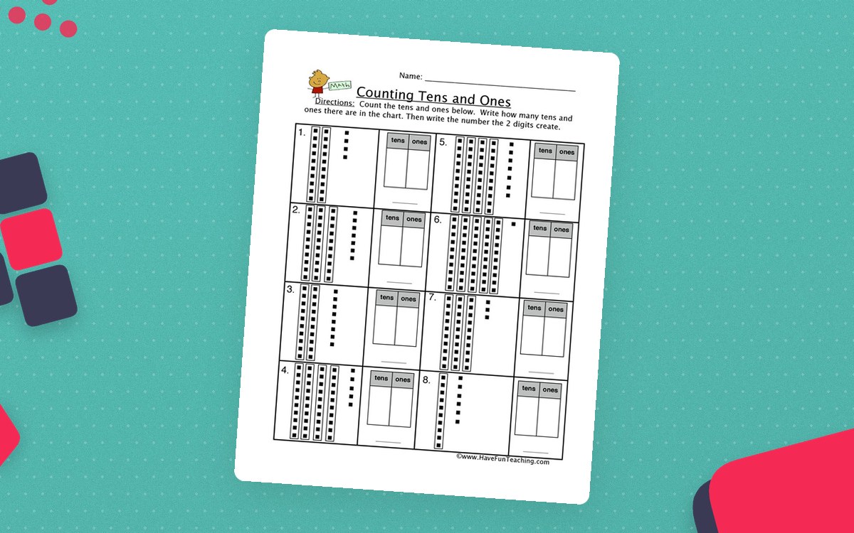 Counting Tens Ones Worksheet preview: A visual tens-and-ones counting worksheet