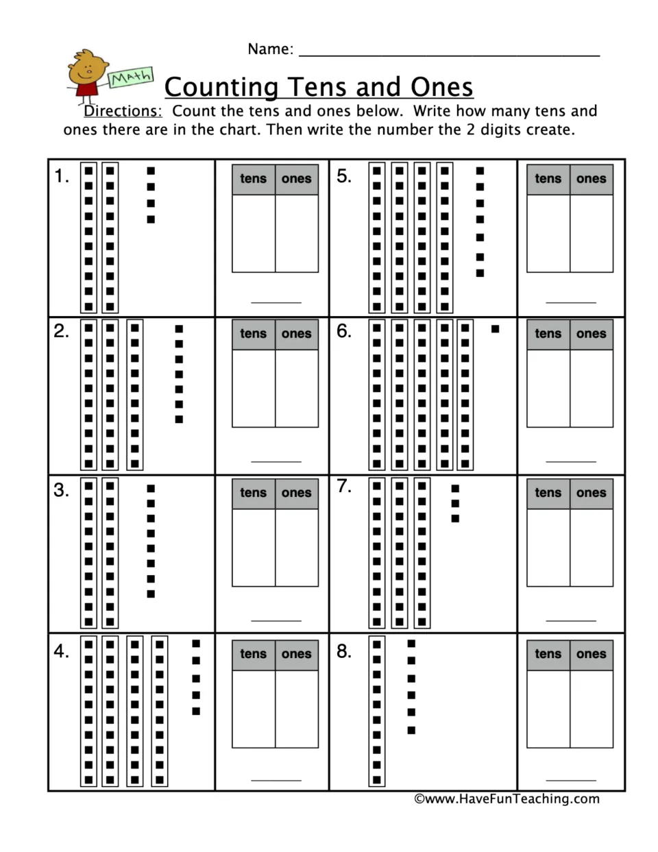 Place value: students count ten-rods and unit cubes in 8 problems, fill in a tens-ones chart and write each number