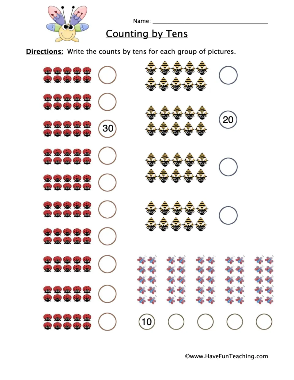 Counting by tens: students skip count groups of ten ladybugs, bees and butterflies, with 10, 20 and 30 filled in