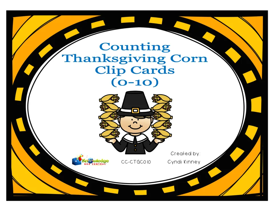 Counting Thanksgiving Corn Clip Cards (0–10) cover: a pilgrim holding ears of corn, created by Cyndi Kinney