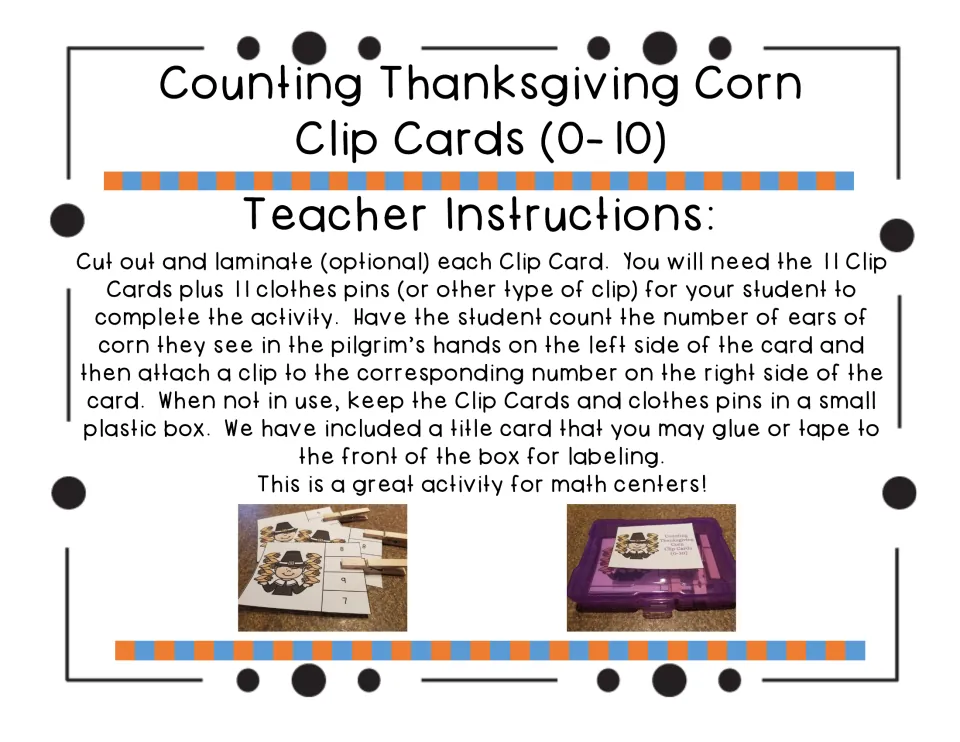 Teacher instructions: cut out the 11 clip cards, use 11 clothespins, and store the set in a labeled box