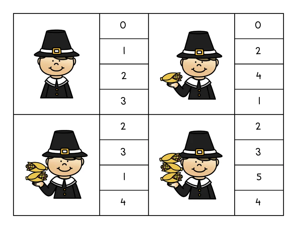 Clip cards for 0 to 3: a pilgrim holding 0, 1, 2 and 3 ears of corn, each with four number choices