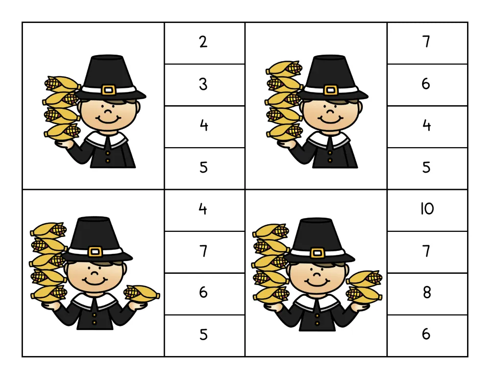 Clip cards for 4 to 7: a pilgrim holding 4, 5, 6 and 7 ears of corn, each with four numbers to choose from