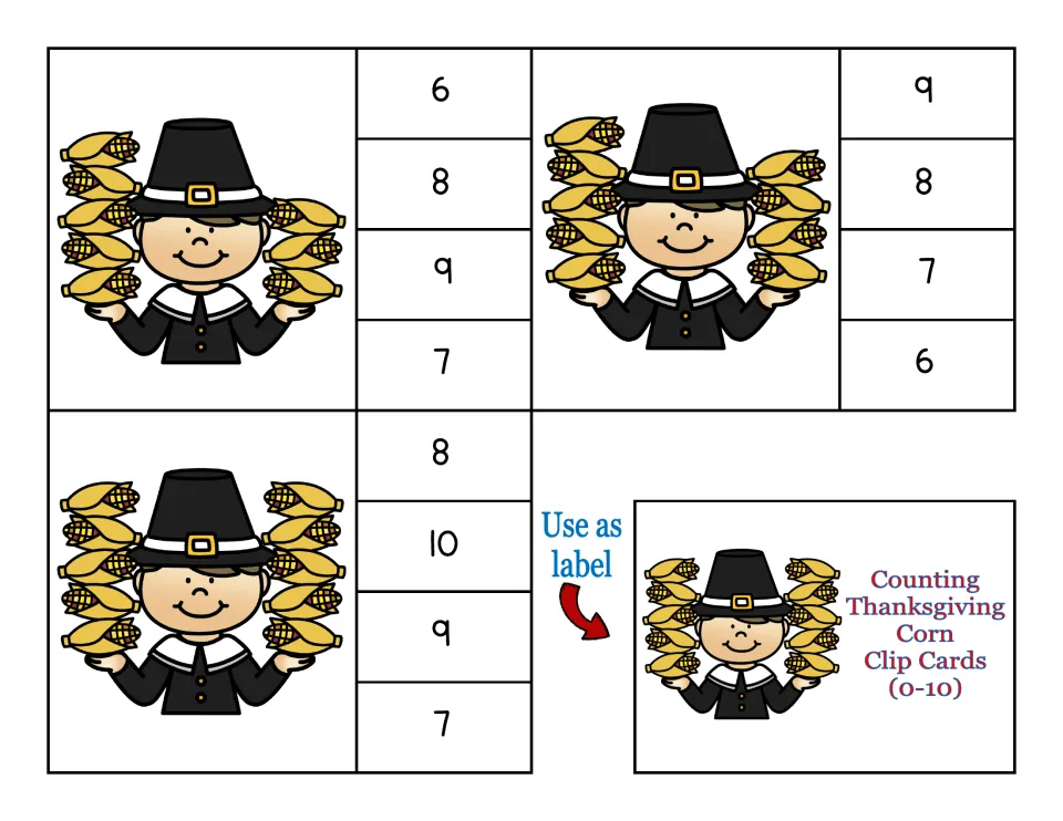 Clip cards for 8 to 10 with four number choices each, plus the title label card for the storage box