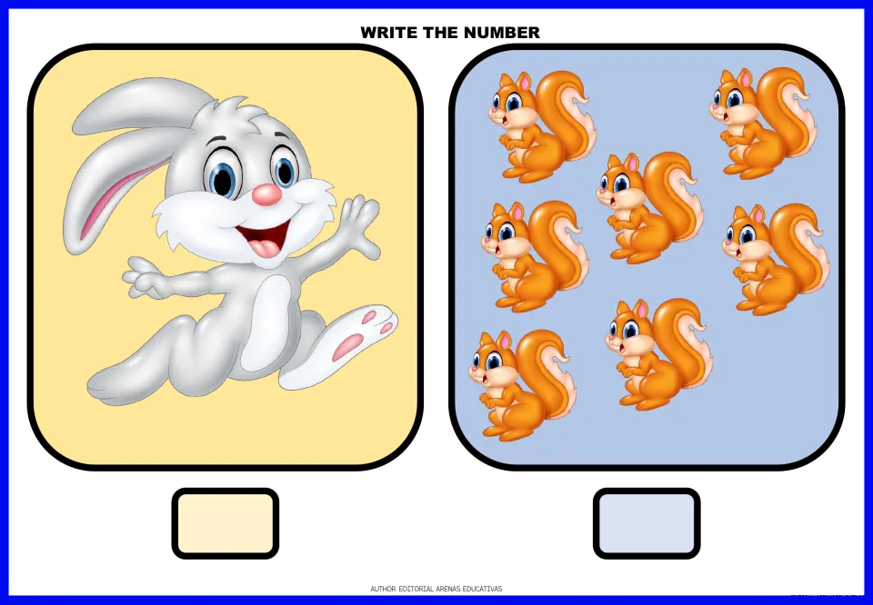 Animal-counting exercises 1–2: count one rabbit and seven squirrels, then write the number for each group