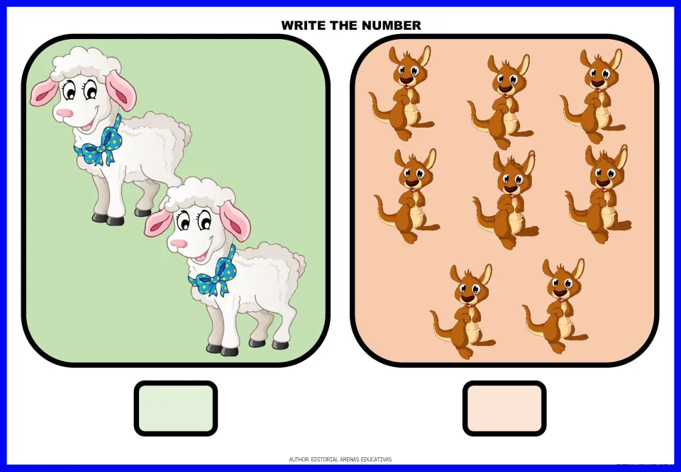 Animal-counting exercises 3–4: count two sheep and eight kangaroos, then write the number for each group