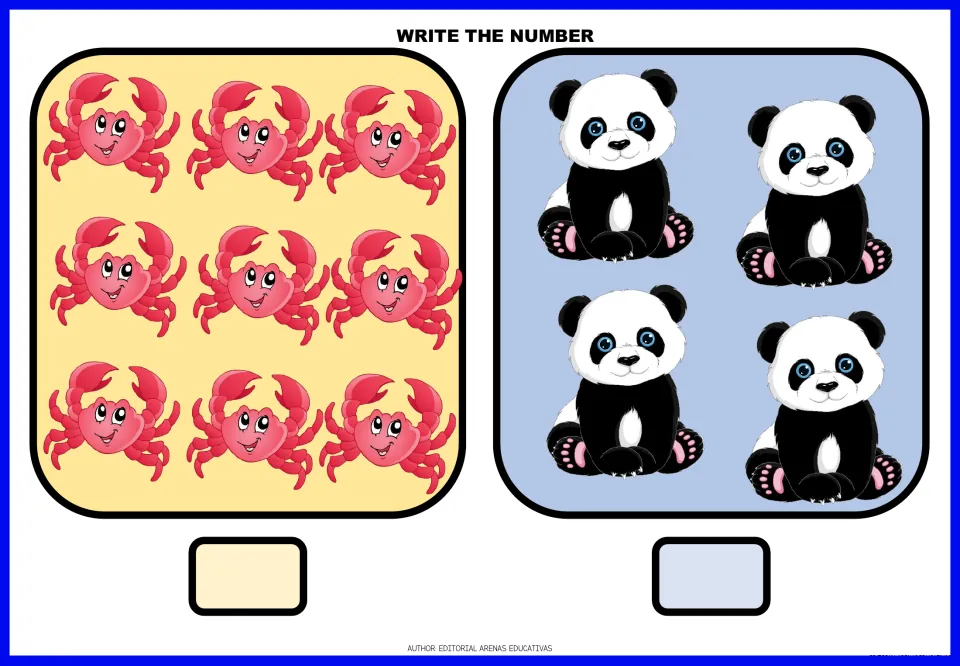 Animal-counting exercises 5–6: count nine crabs and four pandas, then write the number for each group