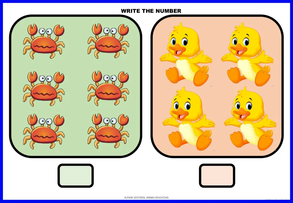 Animal-counting exercises 7–8: count six crabs and four ducklings, then write the number for each group