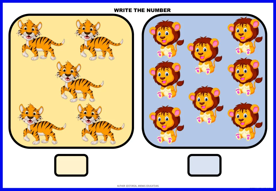 Animal-counting exercises 9–10: count five tigers and eight lions, then write the number for each group