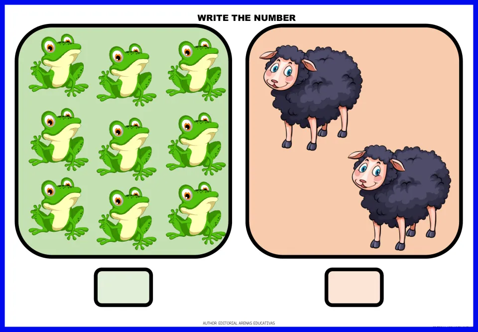 Animal-counting exercises 11–12: count nine frogs and two sheep, then write the number for each group