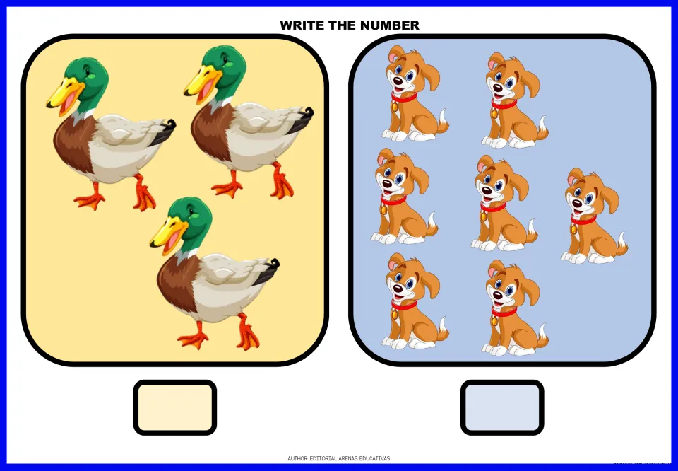 Animal-counting exercises 13–14: count three ducks and seven dogs, then write the number for each group