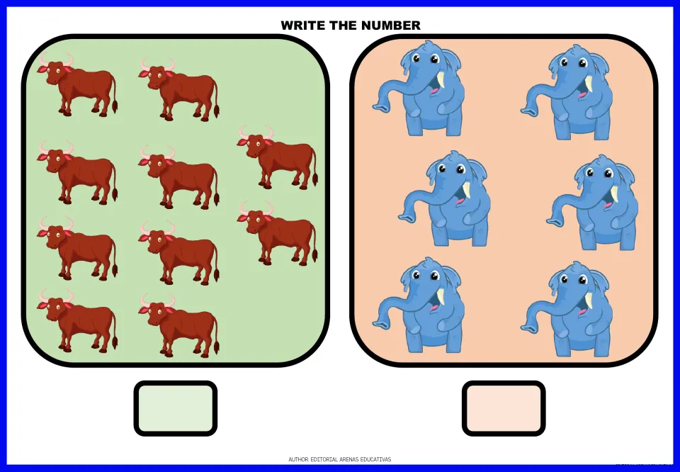 Animal-counting exercises 15–16: count ten cattle and six elephants, then write the number for each group