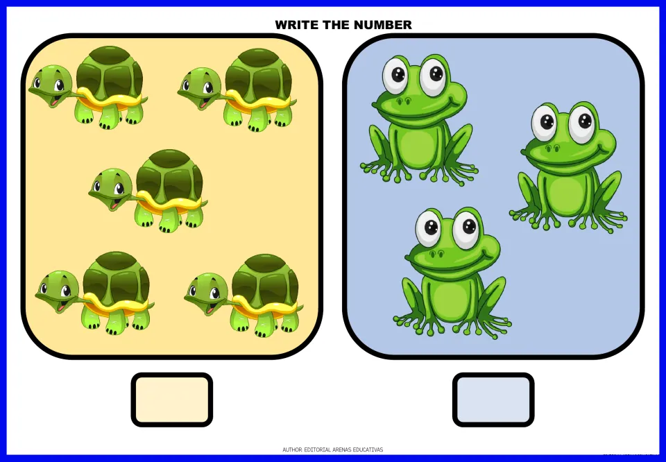 Animal-counting exercises 17–18: count five turtles and three frogs, then write the number for each group