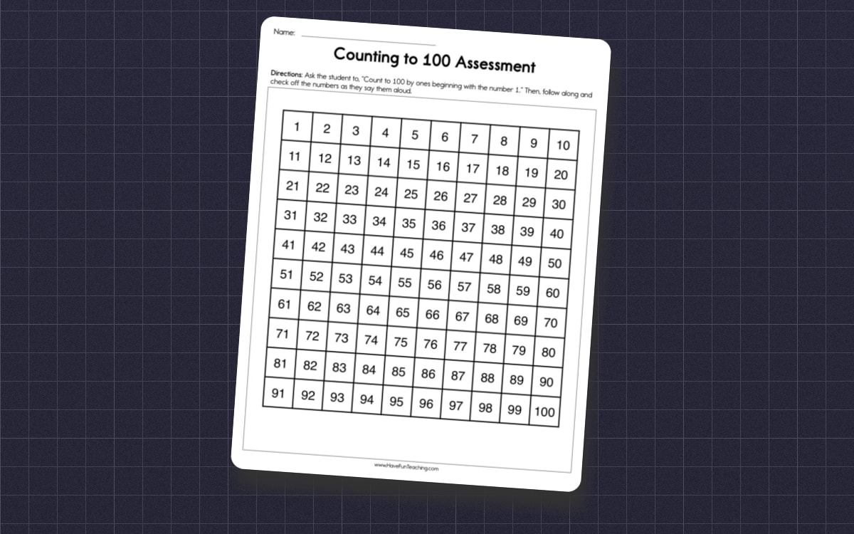 Counting to 100 assessment with a numbered 1-100 grid and directions to begin from a stated number.