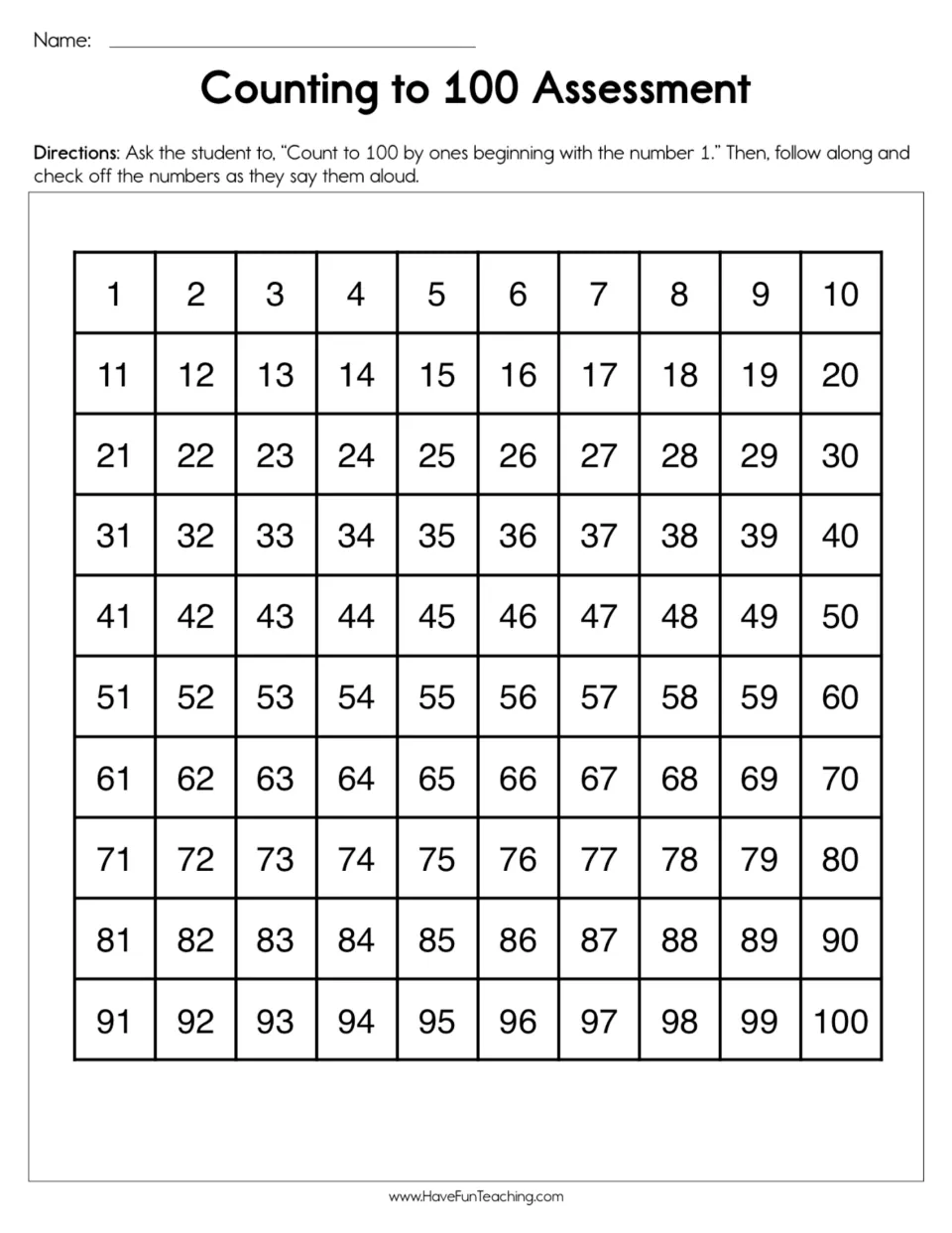 Oral counting check: student counts aloud by ones from 1 to 100 while the teacher checks off each number on a 1-100 chart
