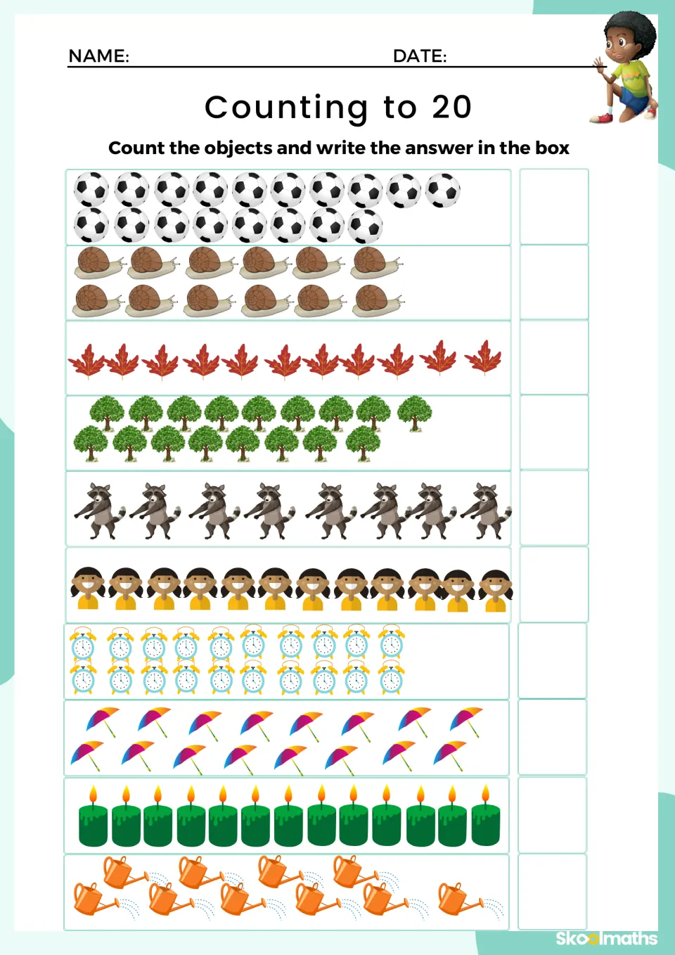 Counting practice: count soccer balls, snails, leaves, trees and six more object groups, then write totals.
