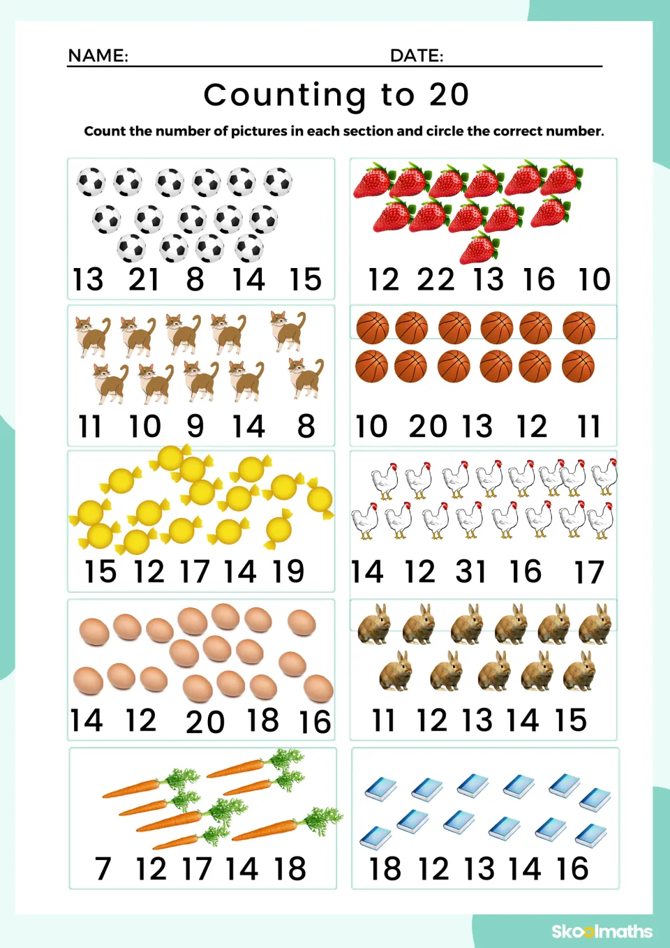 Counting practice: count 10 picture groups, including strawberries, cats and eggs, and circle each total.