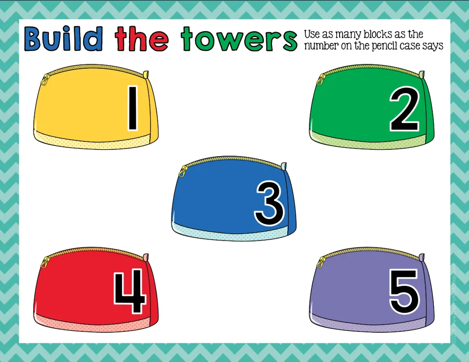 Build the towers, numbers 1 to 5: students stack as many blocks as the number shown on each pencil case to count to 5