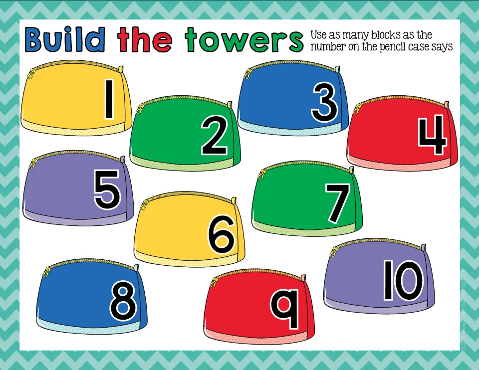 Build the towers, numbers 1 to 10: students stack blocks to match the number on each of 10 pencil cases, counting to 10