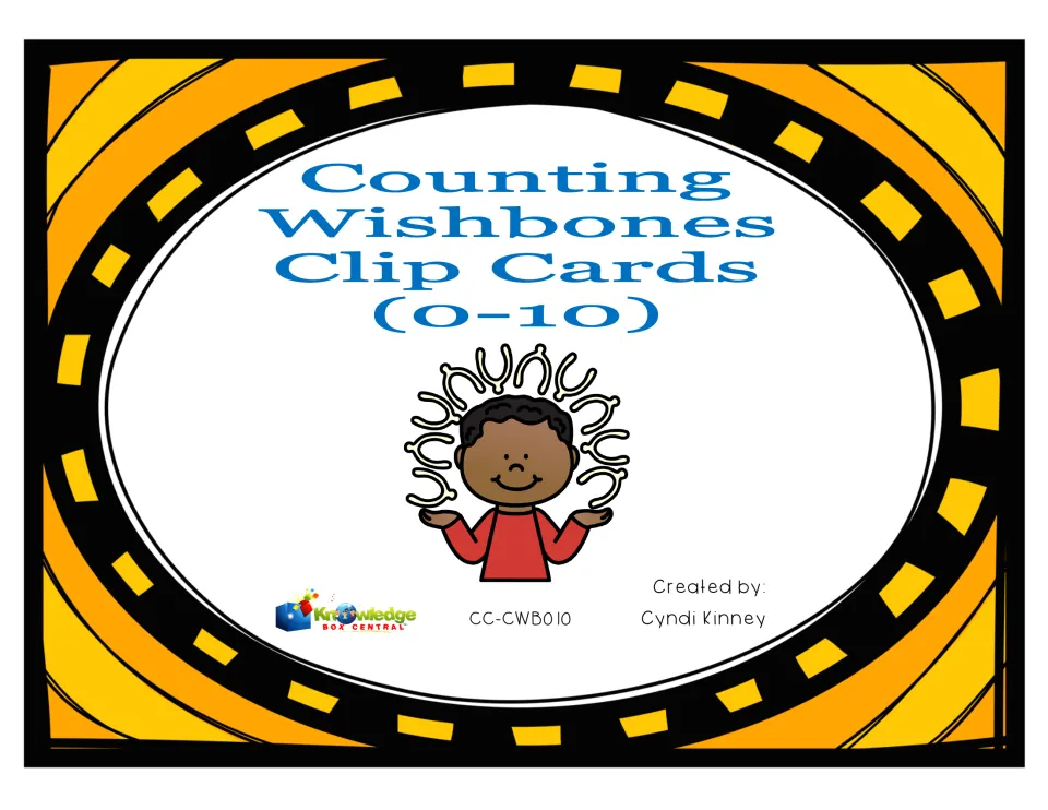 Cover for Counting Wishbones Clip Cards (0-10): a smiling boy holds wishbones arching over his head, by Cyndi Kinney