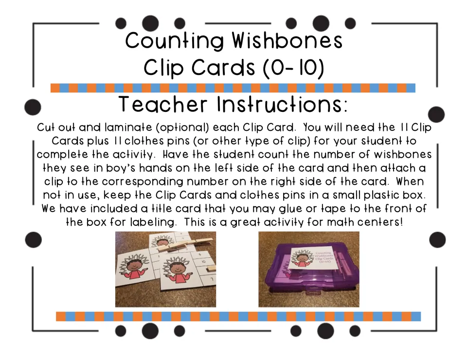 Teacher instructions: cut out and laminate 11 clip cards, add clothes pins, and store them in a box with a title label