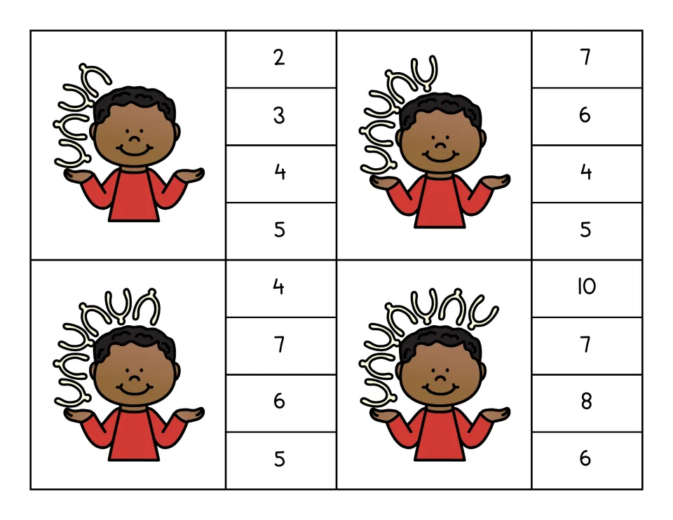 Counting clip cards for 4 to 7: a boy holds a growing stack of wishbones and students clip the correct numeral to match