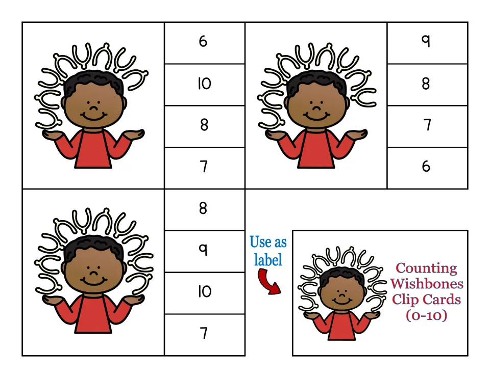 Counting clip cards for 8, 9 and 10 with number choices up to 10, plus a storage box label marked 'Use as label'