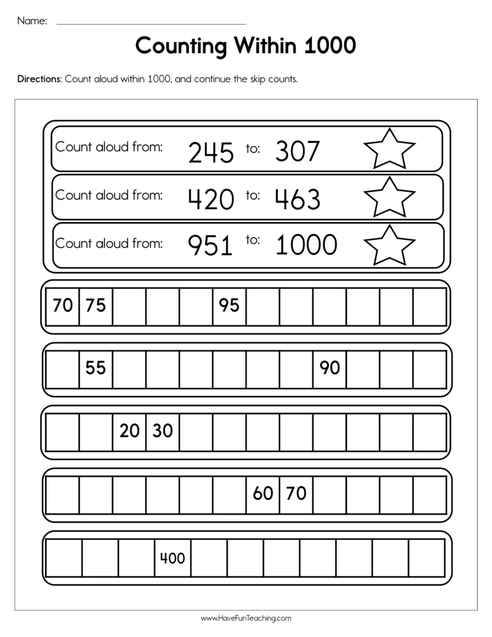 Counting to 1000: students count aloud from 245 to 307, 420 to 463 and 951 to 1000, then continue five skip-count rows
