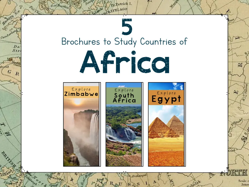 Cover for 5 Brochures to Study Countries of Africa, showing Explore Zimbabwe, South Africa and Egypt brochure fronts