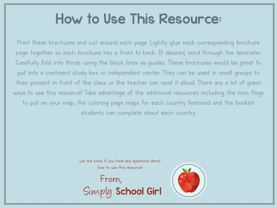 How to Use This Resource: print, glue front to back, laminate and fold each country brochure into thirds for centers
