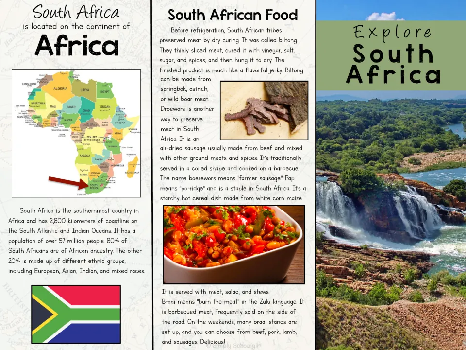 Explore South Africa brochure outside: map locating the country, its flag, population facts and food like biltong and braai