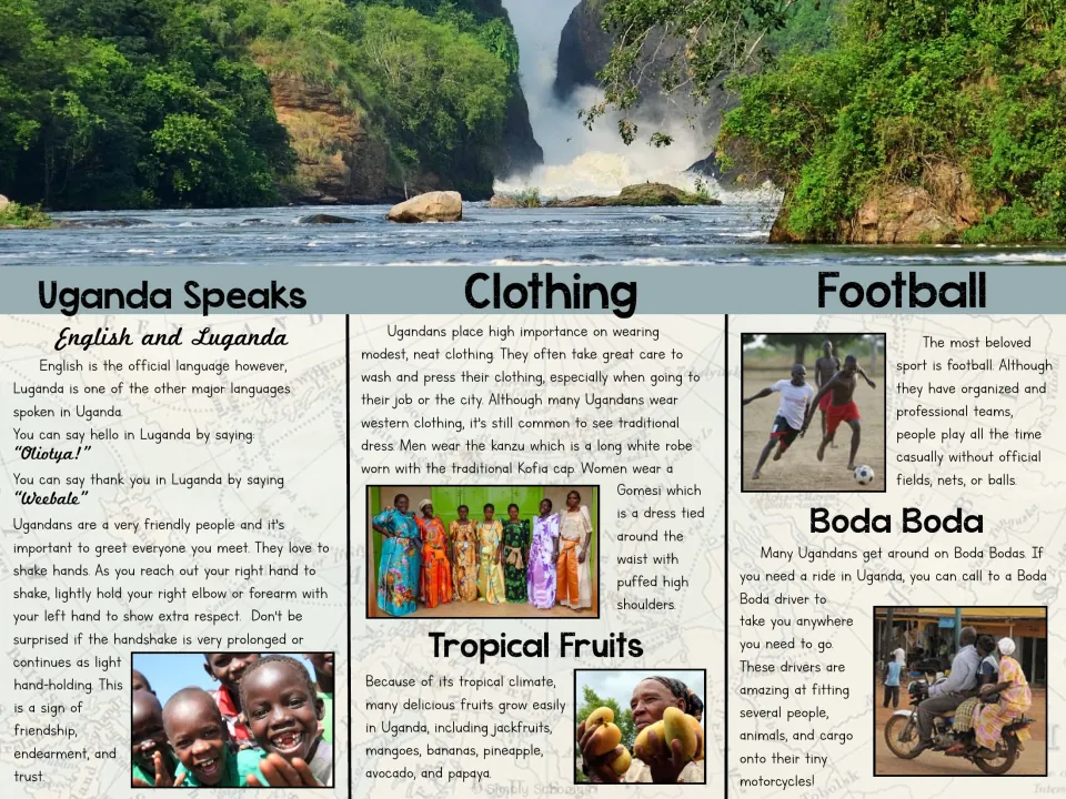 Uganda brochure inside: reading on English and Luganda greetings, clothing, tropical fruits, football and boda boda rides