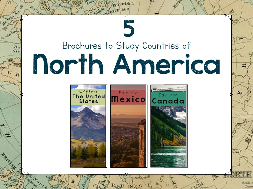 Cover: 5 brochures to study countries of North America, showing Explore The United States, Mexico and Canada fronts
