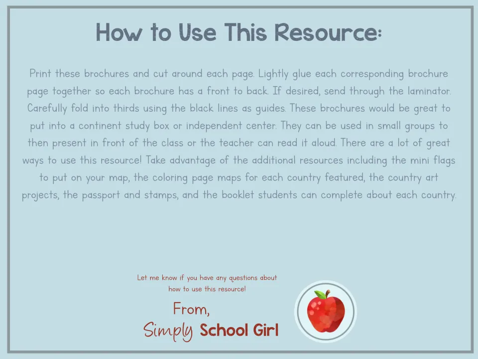 How to use the brochures: print, glue front to back, laminate and fold into thirds for centers or small-group presenting