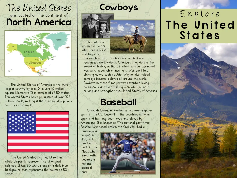 Explore The United States brochure front: location map, size and population, flag meaning, plus cowboys and baseball