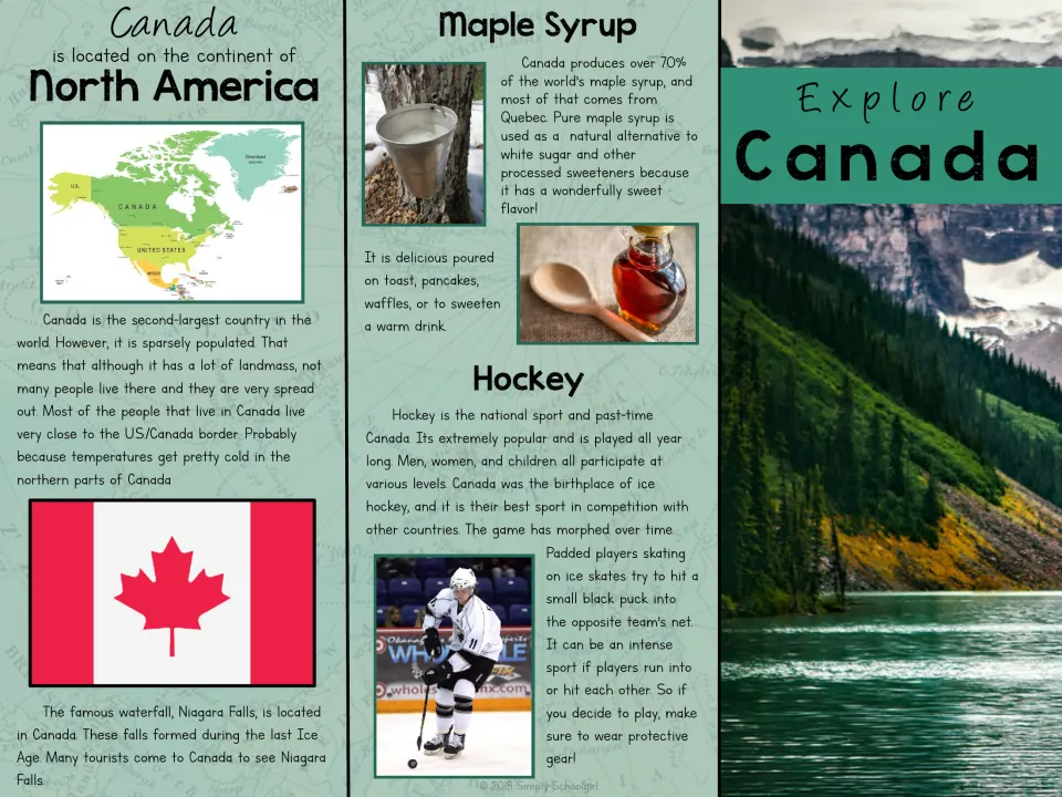 Explore Canada brochure front: location map, sparse population, flag and Niagara Falls, plus maple syrup and hockey facts