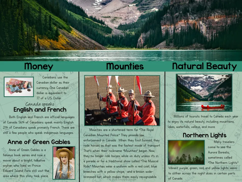 Canada brochure inside: Canadian dollar, English and French, Anne of Green Gables, Mounties, natural beauty and auroras
