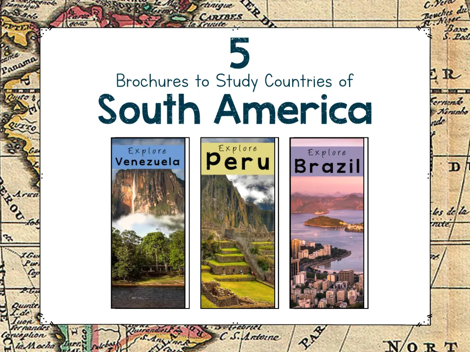 Cover for five South America country brochures, showing sample covers for Venezuela, Peru, and Brazil