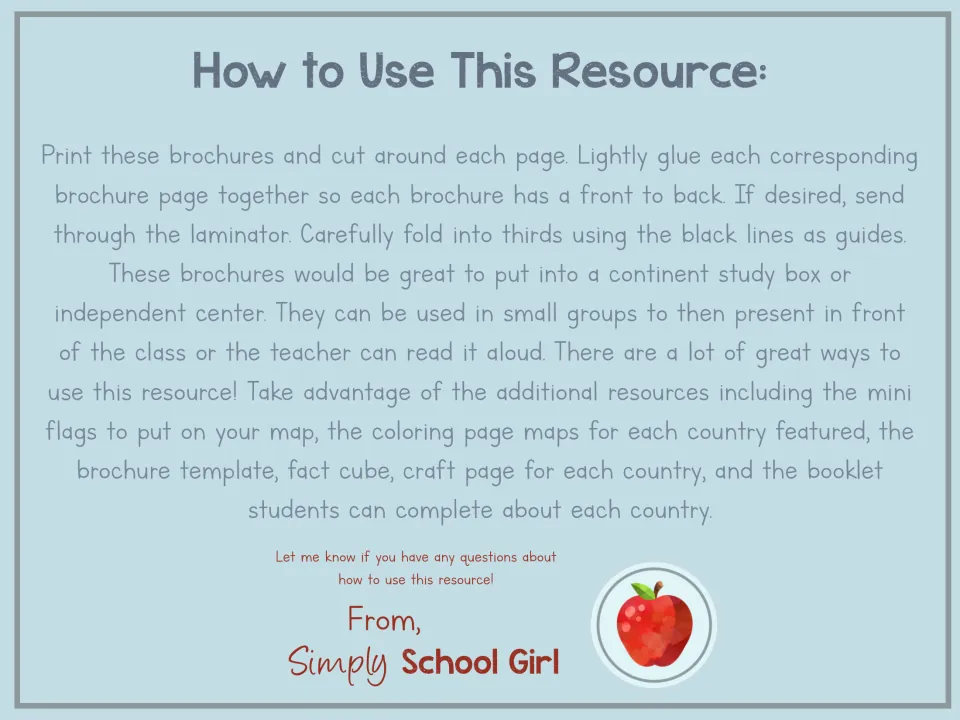 Brochure preparation directions explain printing, cutting, gluing, optional laminating, and folding into thirds
