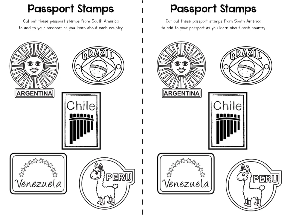 Passport stamp sheet repeats five cutouts twice: Argentina, Brazil, Chile, Venezuela, and Peru