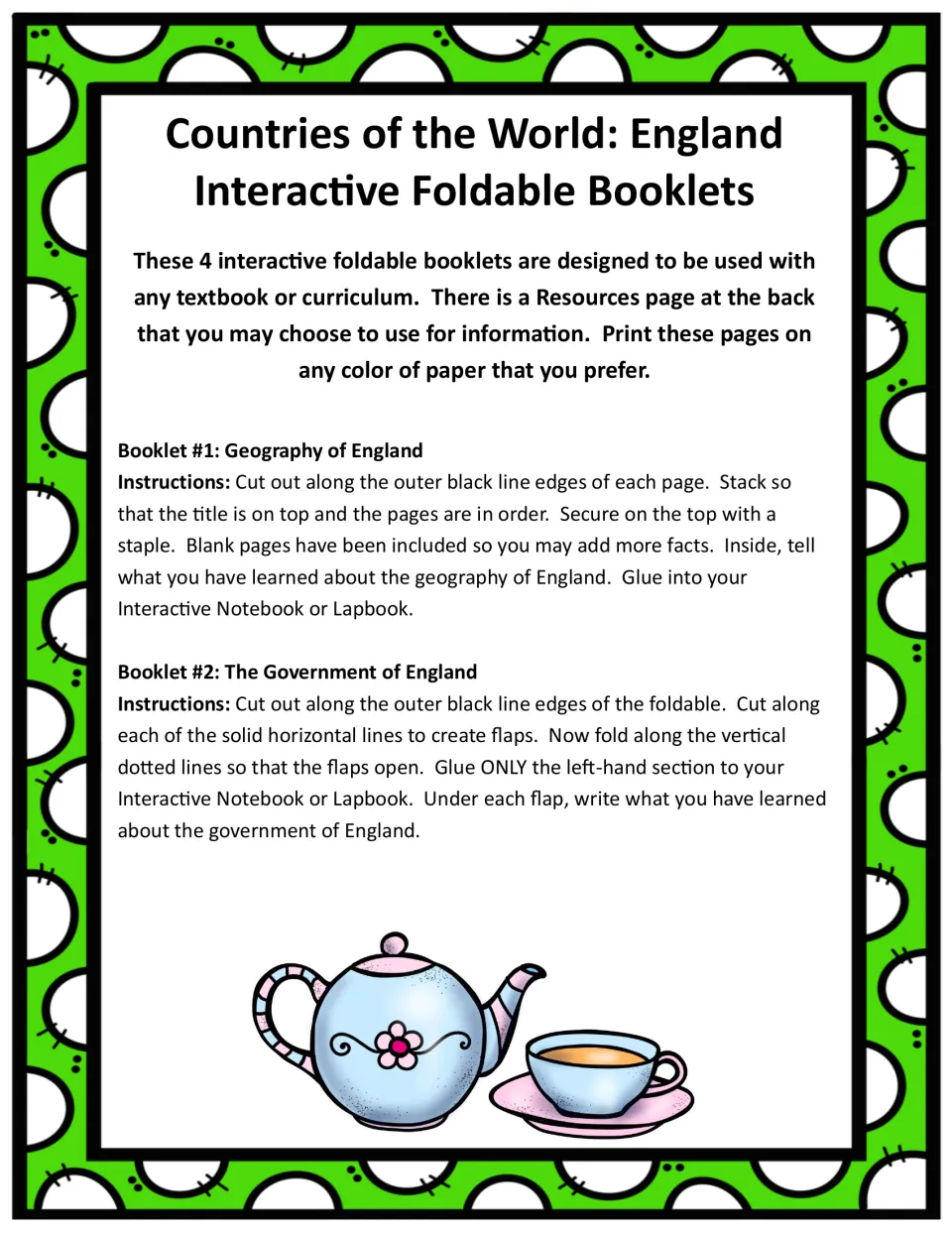 Instructions for Booklet 1, Geography of England, and Booklet 2, The Government of England, with cut and fold steps