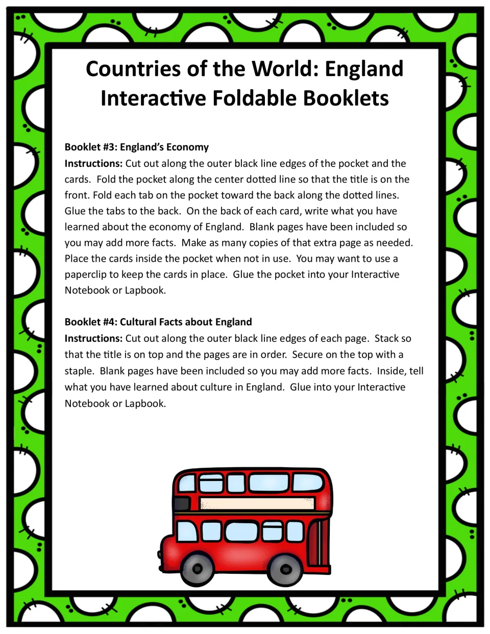 Instructions for Booklet 3, England's Economy pocket and cards, and Booklet 4, Cultural Facts about England