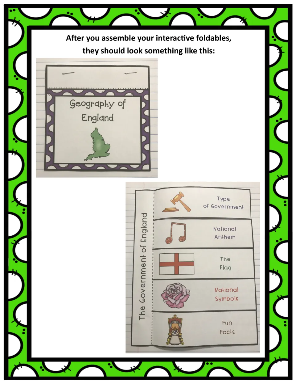 Assembled examples: Geography of England flip book and Government flap book with Type of Government, Flag and more