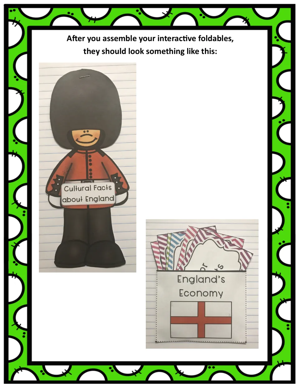 Assembled examples: Cultural Facts about England guard booklet and England's Economy pocket holding fact cards