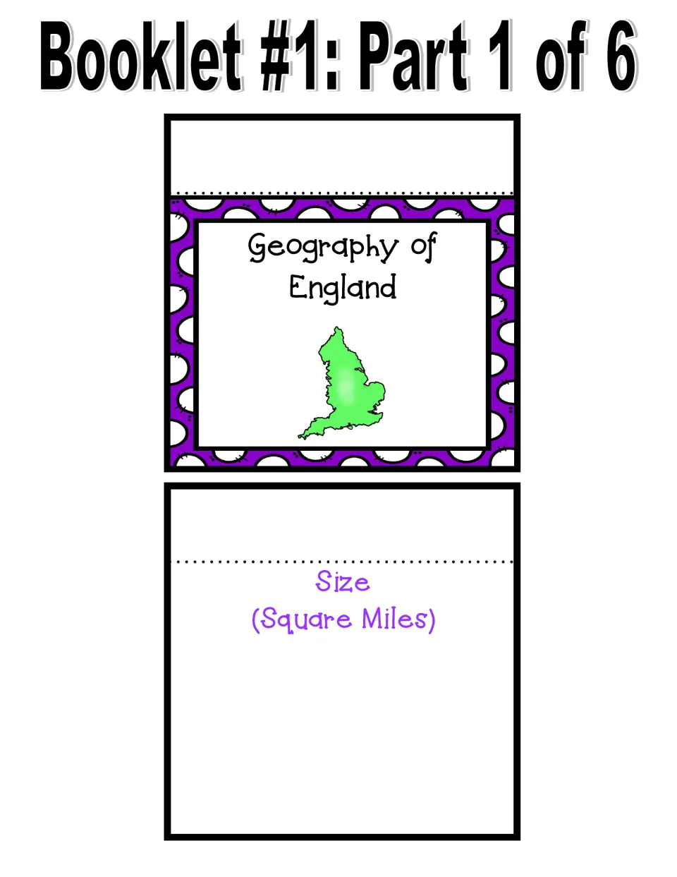 Geography of England booklet part 1: title page with a map of England and a Size (Square Miles) page