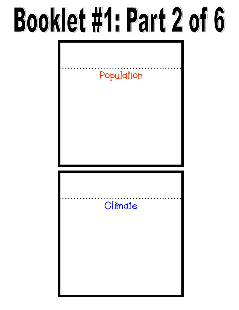 Geography booklet part 2: pages headed Population and Climate for students to write facts about England