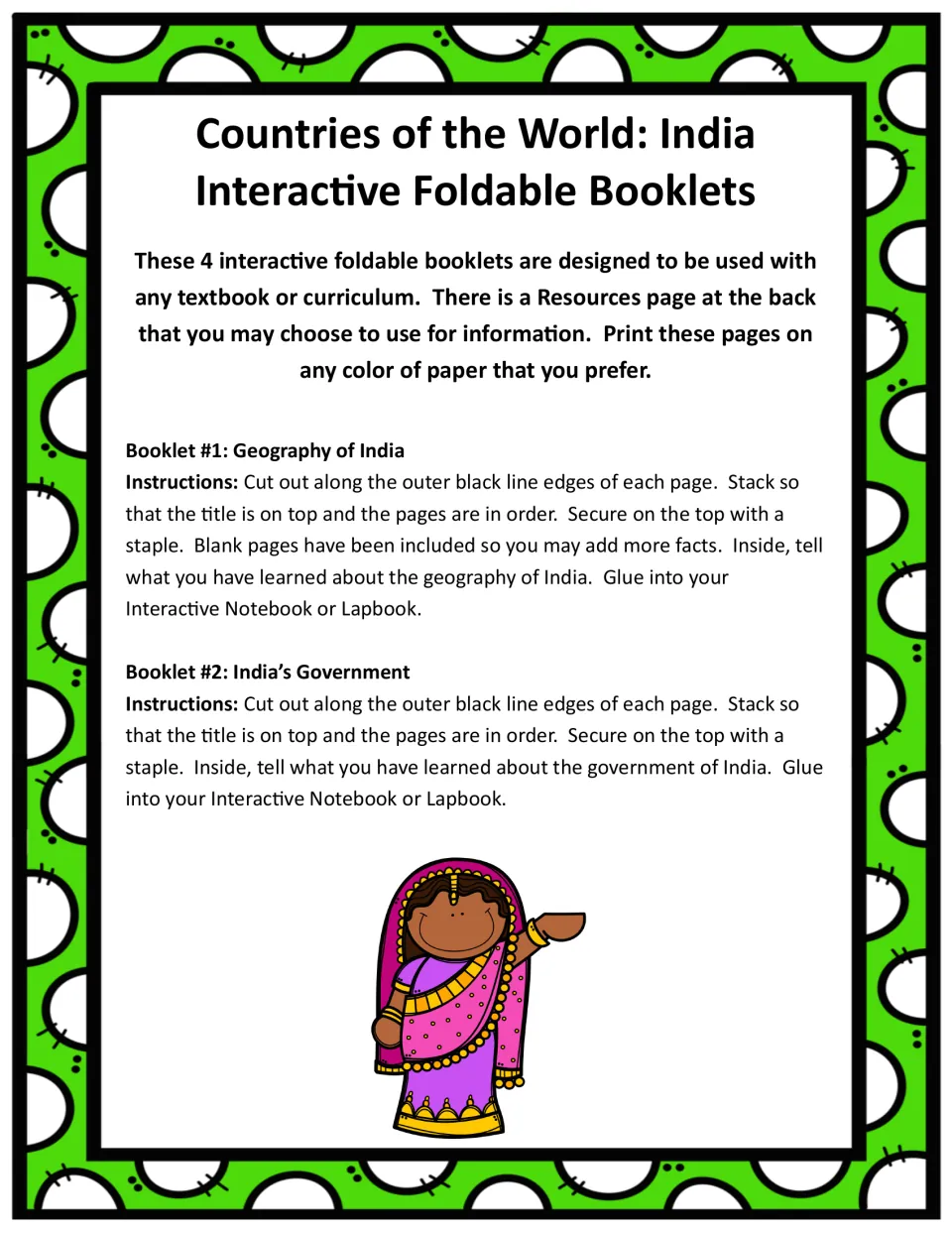 Assembly directions for the India geography and government booklets: cut, stack, staple, and glue