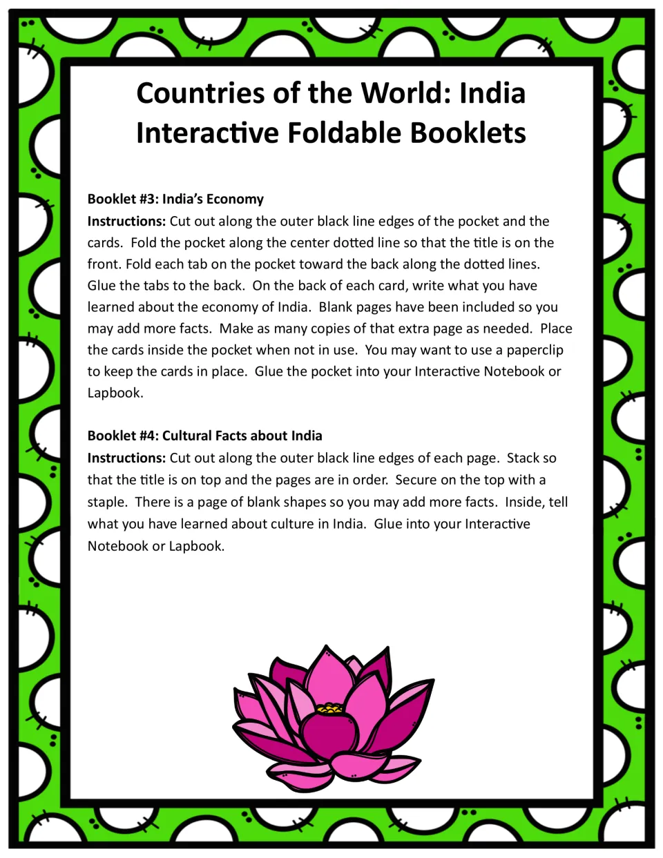 Assembly directions for India's economy pocket and cards and the cultural facts booklet