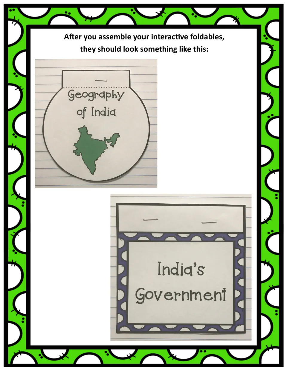 Completed India geography and government booklet examples show how the assembled booklets should look