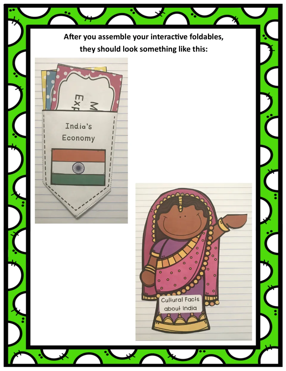 Completed India economy pocket with cards and cultural facts booklet demonstrate the assembled foldables